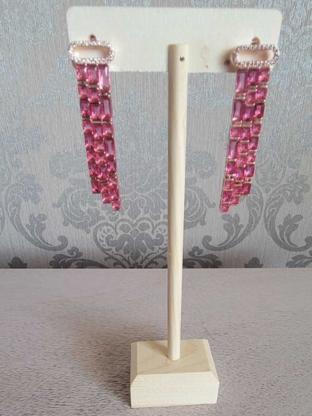 Pink Glass and Simulated Diamond Earrings in Rosetone
